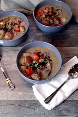 three servings of normandy-style pork stew