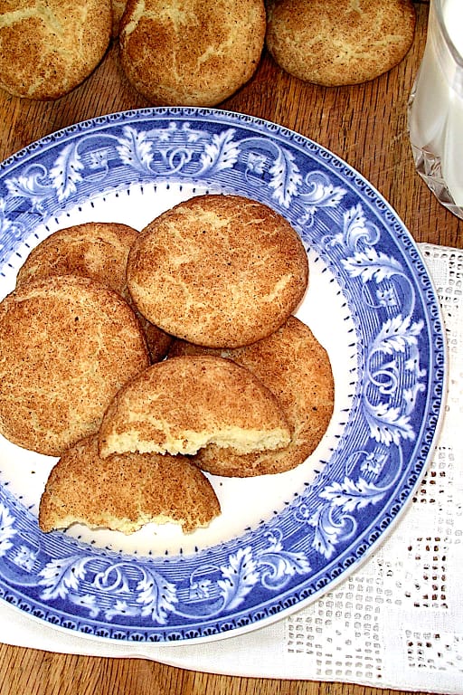 snickerdoodles on a blue and white plate