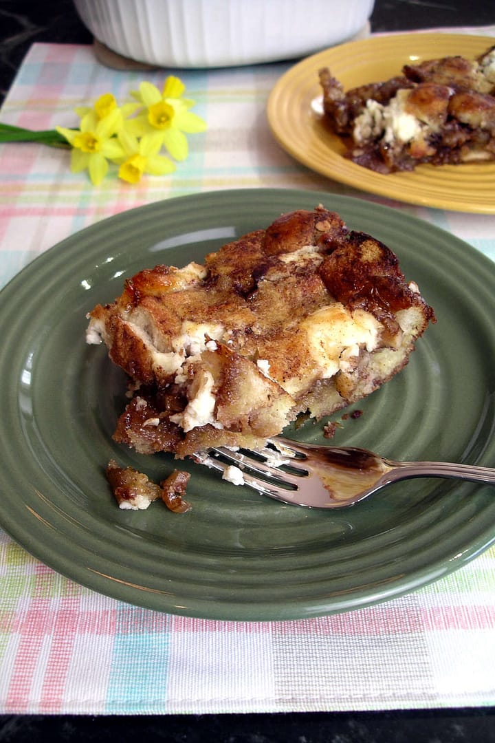 two servings of sticky bun strata with daffodils