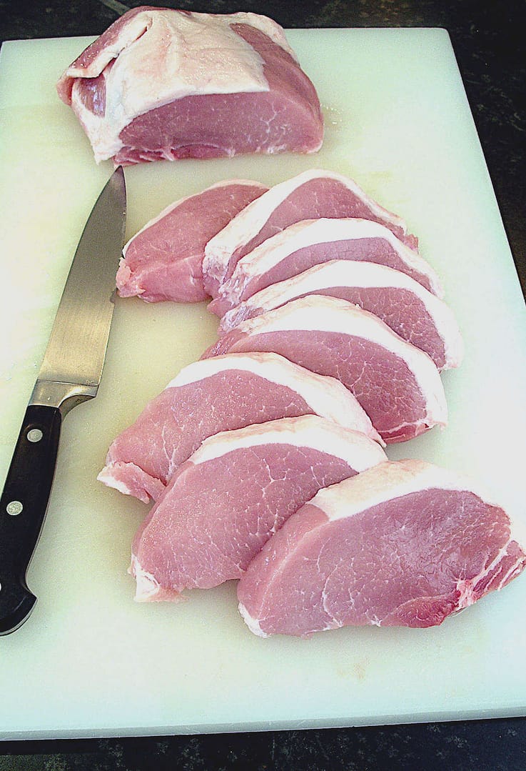 pork chops cut from the loin end of the whole pork loin