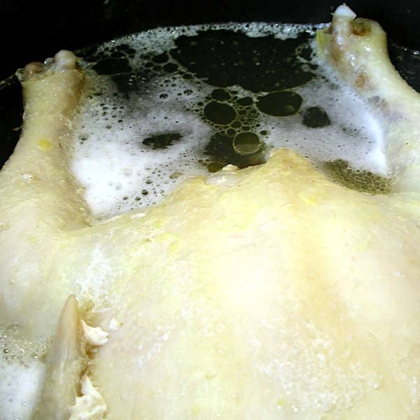 A whole chicken, gently simmering.