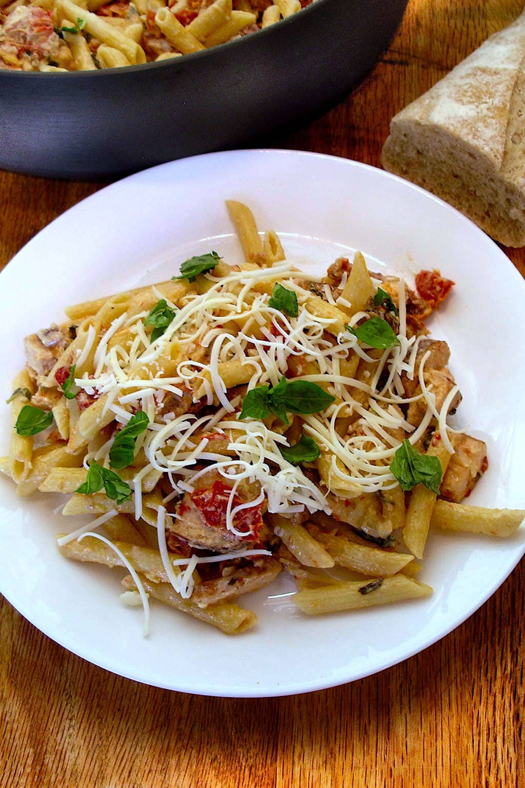 Penne and Smoked Chicken, bread and pan