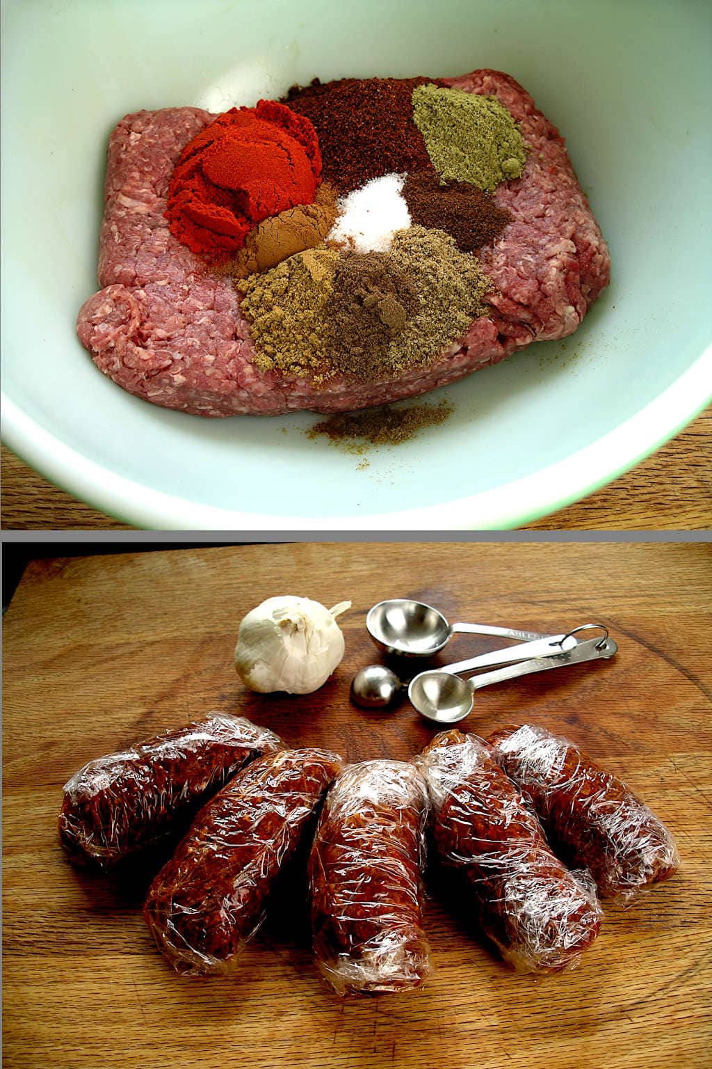 Ingredients for chorizo, top, and finished chorizo, bottom