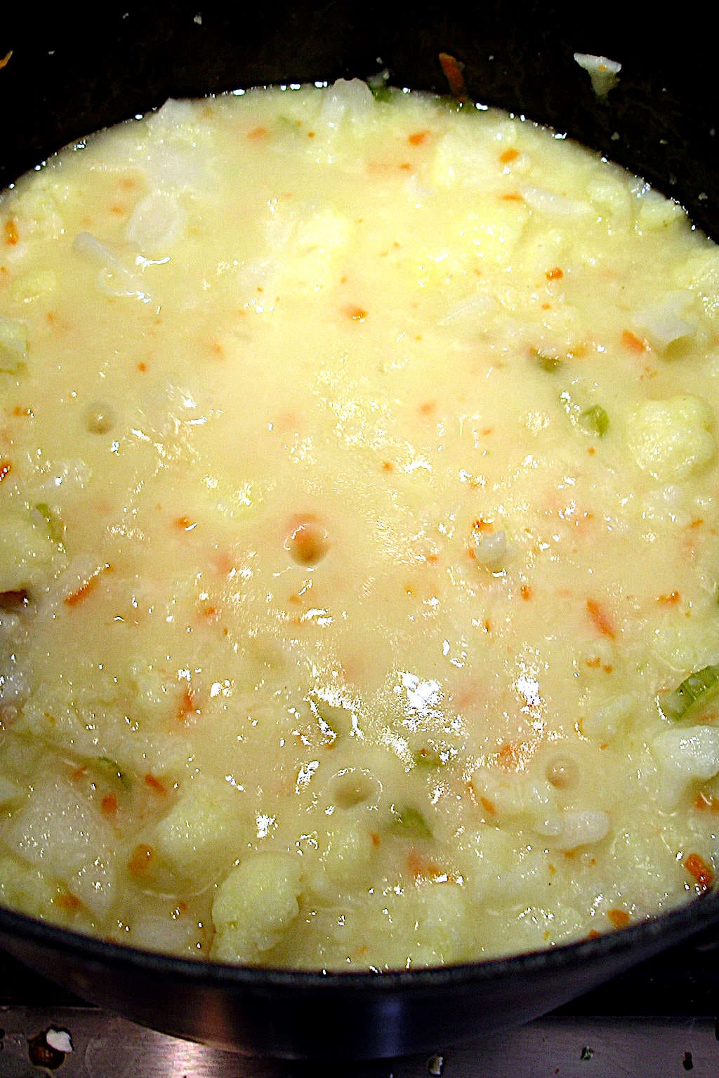 The thickened soup, before adding the dairy.